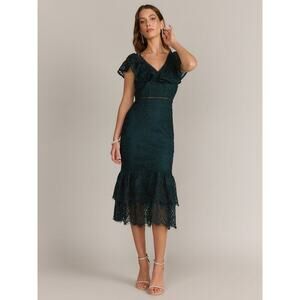 Just Me Green Ruffled V-Neck Sleeveless Crochet Sheath Dress Size Large